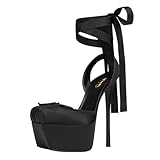 XYD Women Ribbon Lace-up Pumps Square Toe Ankle Strappy Bowknot Platform Stiletto Heels Evening Prom Shoes (Size 11, Black)
