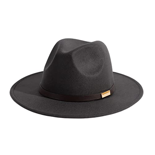 Gossifan Fedora Hats for Men&Women Wide Brim Panama Hat with Classic Belt, B-belt Dark Grey, 7 1/8-7 1/4