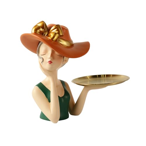 Image of ARMONIA Modern Decorative Sculpture with Detachable Gold Color Tray, Designed by European Designer, Orange Hat and Green Dress