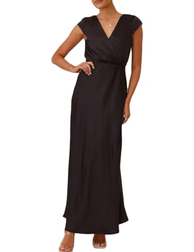 Summer Satin V Neck Wrap Maxi Dress for Women 2025 Elegant Silk Cap Sleeve Wedding Guest Dresses Black
