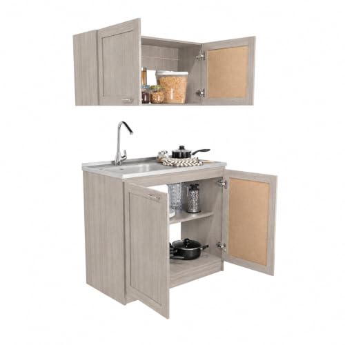 FM FURNITURE Kitchen Cabinet Set with Upper & Lower Storage Cabinets, 4 Doors, Interior Shelves, Modern Kitchen Pantry Organizer Furniture, Light Grey Particleboard, 39.3 in Wide, freestanding, pantry