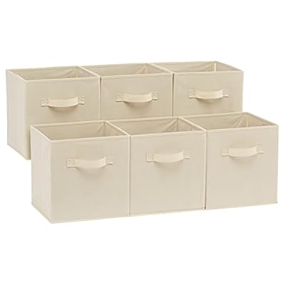 Amazon Basics Collapsible Fabric Storage Cubes Organizer with Handles, Sturdy, Beige, 10.5-x-10.5-x-11-inch, Pack of 6