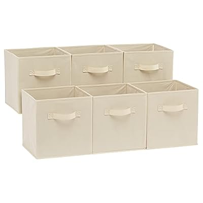 Amazon Basics Collapsible Fabric Storage Cubes Organizer with Handles, Sturdy Storage Bins for Organization, 10.5" x 10.5" x 11", Beige, 6-Pack