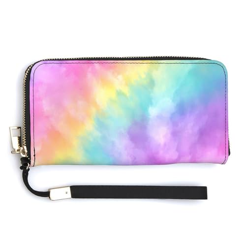 Pastel Rainbow Colors Tie-dye Pattern PU Leather Clutch Long Bifold Wallet, Coin Purse Credit Pass Case, Durable Card-Holder Money Storage for Women Men