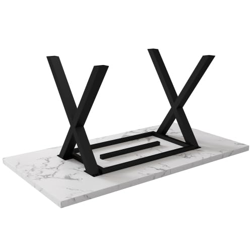 Merax Table à manger rectangulaire 140 x 80 cm – Table de cuisine et table de salle à manger moderne avec design croisé, fer forgé et structure en marbre, table à manger pour salon, noir et blanc
