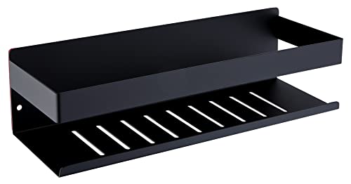 KigKog Prateleira para duche sem orifícios, cor preta mate, estante de chuveiro de montagem na parede, cesta de duche em aço inoxidável, 30 cm autoadesiva, estante de casa de banho K07-30-MB