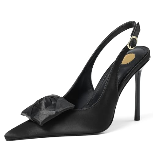 Image of Satin Slingback Pumps Women Floral Knot Pointed Toe Stiletto Heels | Slim stiletto heel, smooth satin upper, Floral accent, knot detail, pointed toe, dress pumps work, parties and wedding looks