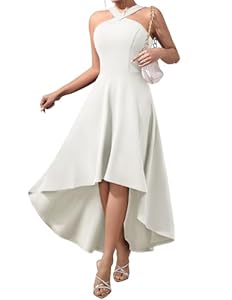 DRESSTELLS Robe de Cocktail Dames élégant été Vintage Rockabilly Licou Mariage Robes d’invité pour la Soirée Bal Graduation White XL