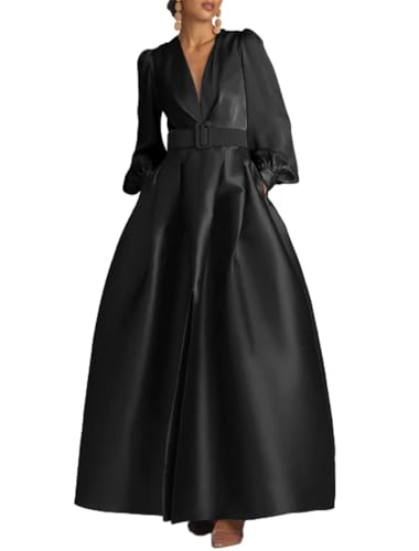 Satin Long Sleeve Prom Dresses for Women Long Formal Evening Gown Elegant A Line Wedding Guest Dress with Pocket