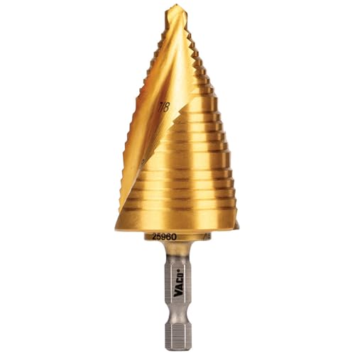 Klein Tools 25960 Step Drill Bit 7/8 to 1-3/8-Inch Spiral Double-Fluted Cut Thin Metal Plastic Aluminum Wood 1/4-Inch Hex Shank VACO