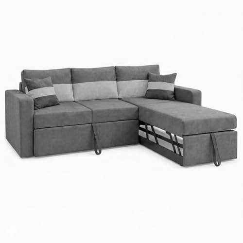 Image of FURNY Soria 4 Seater RHS Lounger Sofa Cum Bed (Light Gray - Dark Gray) with Pull-Out Function | Luxury Velvet Suede Finish | Durable Comfort | Ideal for Living Room
