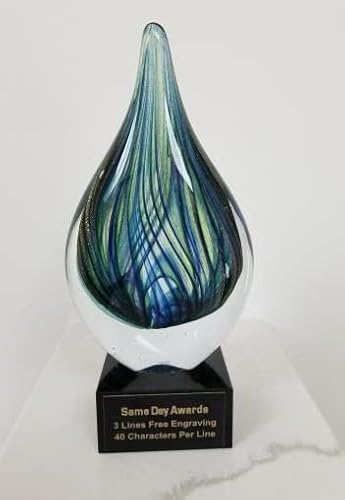 Same Day Awards Green Drop Art Glass Trophy 7 Inches Tall - Personalize/Customize W/Free Engraving #TOP20