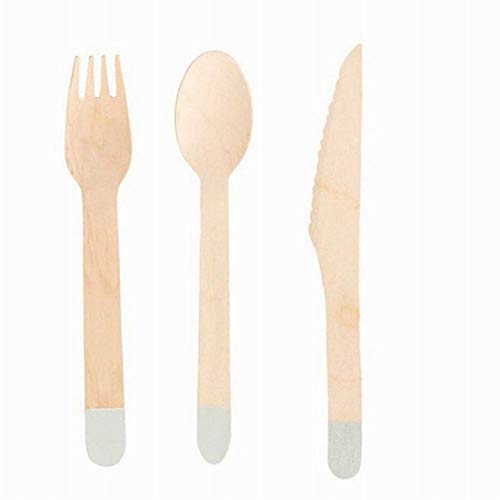 Flyes Juego de 8 cucharas Desechables de Madera para Cubiertos y Tenedores, para Fiestas, Camping, picnics, barbacoas, Plateado, 16 cm