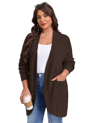 Image of LARACE Long Cardigans for Women Plus Size Tops Open Front Sweaters with Pockets Waffle Ribbed Sleeve Loose Fall Outwear