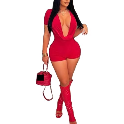 Image of Molilove Sexy Romper for Women Short Sleeve Deep V Neck Bodycon Short Jumpsuit One Piece Y2K Party Clubwear