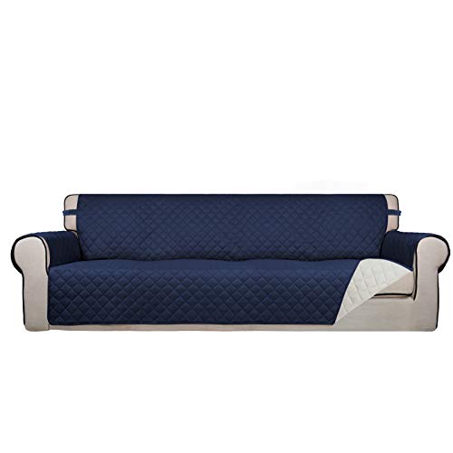 Image of PureFit Reversible Quilted Sofa Cover, Water Resistant Slipcover Furniture Protector, Washable Couch Cover with Non Slip and Elastic Straps for Kids, Dogs, Pets (XX Large, Navy /Ivory)