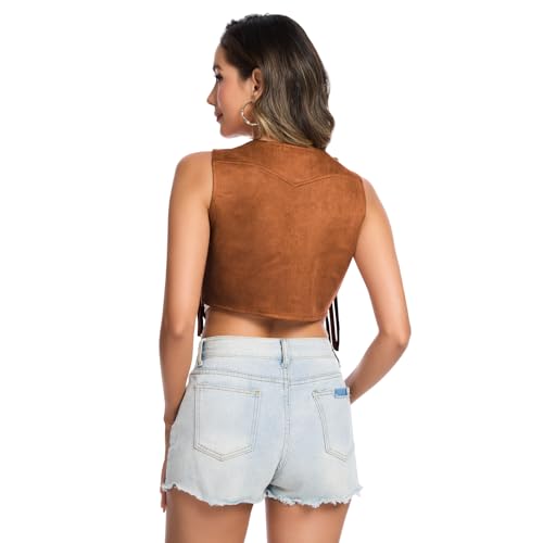 Women's 70s Hippie Vest Disco Outfits Fringe Vest 60s Faux Suede Sleeveless Tassel Cowgirl Jacket Party Halloween3