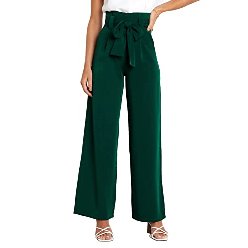 Pantalones de Pierna Ancha para Mujer, Pantalones de Cintura Alta con Hebilla Invisible Y Cremallera, Pantalones Lisos con Cinturilla, Pantalón de Traje para Mujer(M-Verde) Cover
