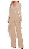 Mother of The Bride Pant Suits 2 Pieces Outfit Set Formal Dresses Chiffon Formal Jumpsuits Outfit with V Neck Lace Appliques Champagne