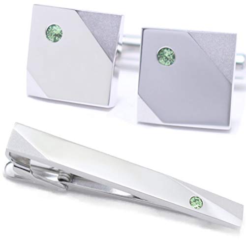 8月 ペリドット 誕生石 カラー スワロフスキー ストーン ネクタイピン カフスボタン セット