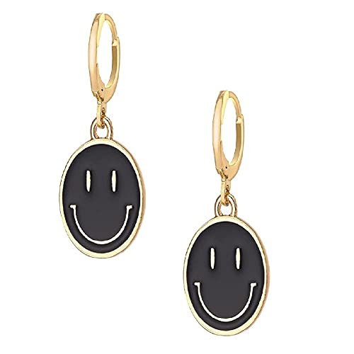 Fashion Smiley Face Earrings for Women, Gold Small Hoop Dangle Earrings with Charm, 14k Gold Plated Small Dangle Hoop Earrings Hypoallergenic, Free of Lead and Nickel, Soft For Skin (Black)