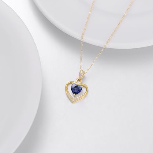 14K Gold Birthstone Heart Necklace for Women, Dainty Yellow Gold Colored Gemstone Love Heart Pendant Forever Love Jewelry Gift for Her,Mom, Wife 16"-18"3