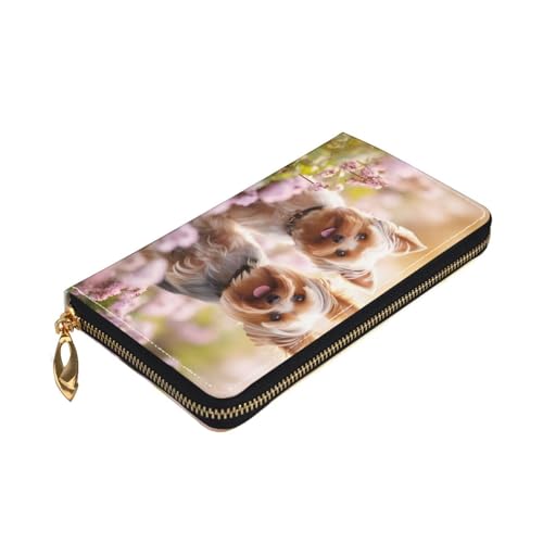 Portefeuille en cuir Yorkie Floral 3 avec fermeture éclair et blocage RFID homme femme