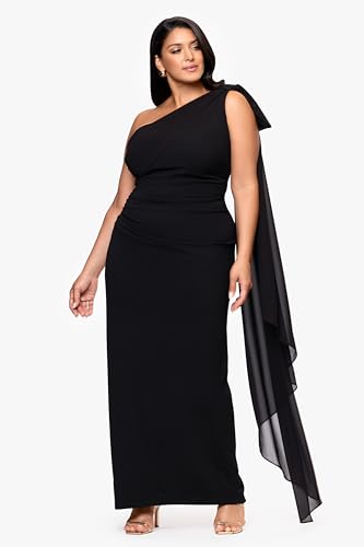 Xscape Women's Scuba Crepe Asymmetrical Neck and Chiffon Sash Floor Length Dress (Plus)2