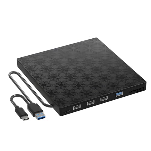 Jazuaiao Unidad de disco externa compacta con transferencia de datos rápida y lector de tarjetas para computadora portátil, adaptador multipuerto con unidad de disco