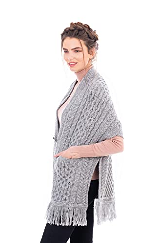 Image of SAOL 100% Merino Wool Shawl /Poncho Sweater /Open Cardigan /Wool Cape with Pockets with Fringe Trim and Trinity Knot Button