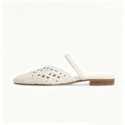 Image of Mesh Mules for Women Comfy Raffia Woven Strap Closed Pointed Toe Mule Flats Casual Slip on Dress Slides Flats