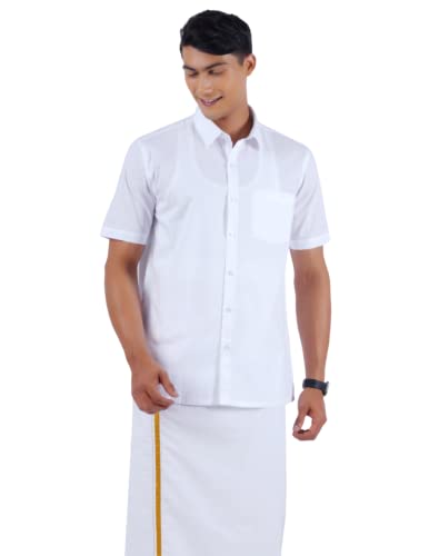 Image of RAMRAJ COTTON Men White Half Sleeve Shirt Crafted For Comfort| Durability| And Timeless Everyday Style