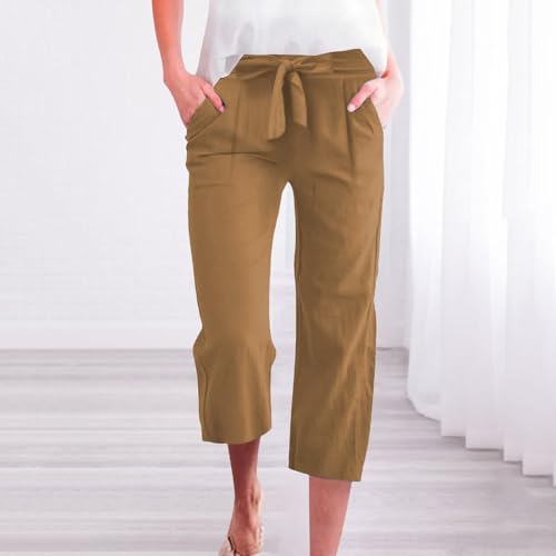 Capri Pants for Women Plus Size Linen Gaucho Pants with Knot Tie Casual Summer Crop Wide Leg Trousers Beach Outfits2