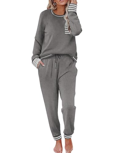 Ekouaer Damen Schlafanzug Lang Zweiteiliger Pyjama Set Rundhals Sleepwear Nachtwäsche Soft Loungewear Hausanzug Freizeitanzug,Mittelgrau,XL