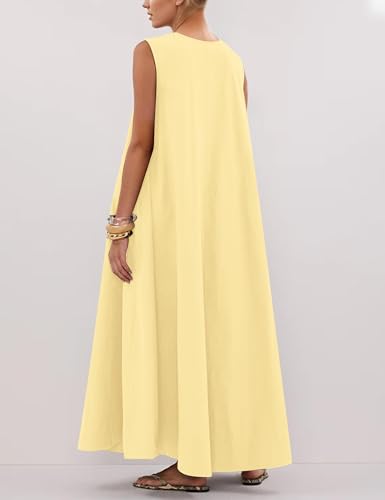 Image of Women Flowy Maxi Dress Ruched Sleeveless Long Dress Vacation Fashion Summer Casual Loose Fit Sundress with Pockets