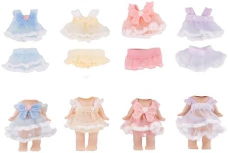 4 Sets Doll Clothes, 3 Inch Collector Clothing with Tops & Skirts Birthday Doll Gifts Accessories for Decoration and Display (Pink, Purple, Yellow, Blue)