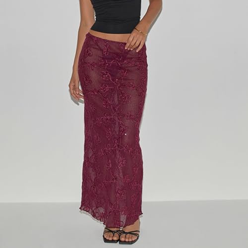 Women's Lace Long Skirt Stylish Solid Lace Floral Sheer Low Rise Skirt for Daily Life Party & Bar2