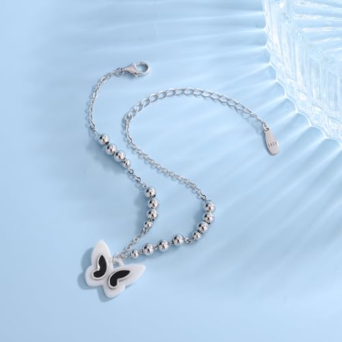 Image of 925 Sterling Silver Butterfly Bracelet, Black shell and White Ceramic Charm, Suitable for Mother's Day and Valentine's Day gifts