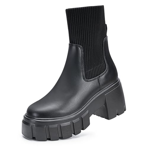 FITORY Women's Chelsea Platform Ankle Boots Lightweight Elastic Chunky Heel Lug Sole Trendy Booties Black Size 8