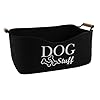 Medium Woven Dog Toy Basket,Dog Stuff Organizer,Collapsible Dog Toy Bin with Wood Handles,Rectangle Puppy Toy Storage Basket,Dog Organizer for Dog Toys,Collar,Leash,Blankets-Black