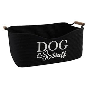 Medium Woven Dog Toy Basket,Dog Stuff Organizer,Collapsible Dog Toy Bin with Wood Handles,Rectangle Puppy Toy Storage Basket,Dog Organizer for Dog Toys,Collar,Leash,Blankets-Black