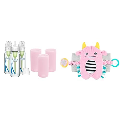 Dr. Brown's Anti-Colic Options+ Narrow Glass Baby Bottles 8oz and Level 1 Slow Flow Nipple, 3-Pack 0m+ and Pink Silicone Sleeves and Gripebelt Heated Belly Band, Pink Monster