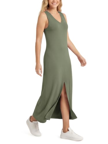 Image of ODODOS Modal Soft Front Split Midi Dress for Women, V Neck Sleeveless Casual Summer Tank Dress