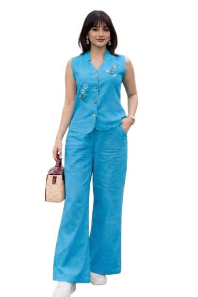 Image of Lyssa Yellow Ember Embroidered Co-Ord Set for Women, Sleeveless Vest with Wide-Leg Trousers