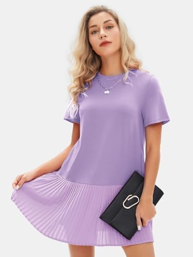 EXLURA Womens Summer Casual Short Sleeve Dress Crewneck Tshirt Dresses Pleated Aline Mini Dress 2025 Vacation Beach Sundress2