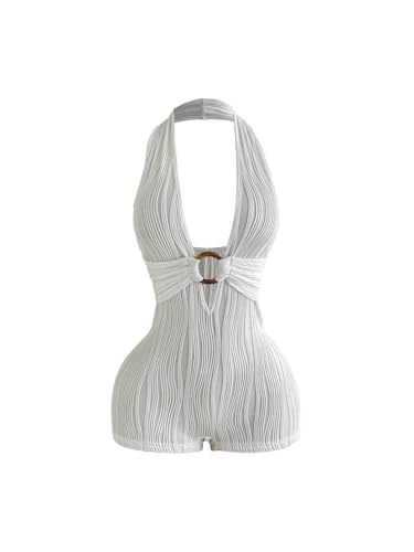 BEAUDRM Womens Summer Romper Sexy Short Rompers Y2K Outfits Halter Backless Jumpsuit Country Concert Party Rave Club Outfits White Small