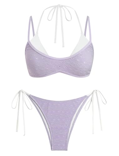 Image of ZAFUL Women's Polka Dot Bikini Set Double Layer Halter Swimsuit Colorblock Side Tie 2 Piece Bathing Suit
