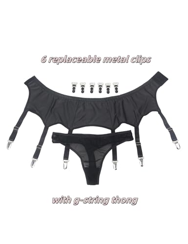 ohyeahlady Womens Faux Leather Garter Belt with 6 Strap Metal Clip Sexy Suspender Sets for Thigh Highs with G-String Thongs Black L