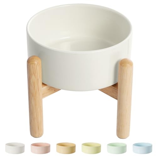 Hundenapf Keramik Futternapf Hund Erhöht - Hundefressnapf mit Rutschfestem Holzständer - Ideal für Kleine und Mittelgroße Hunde - 800 ml - Weiß