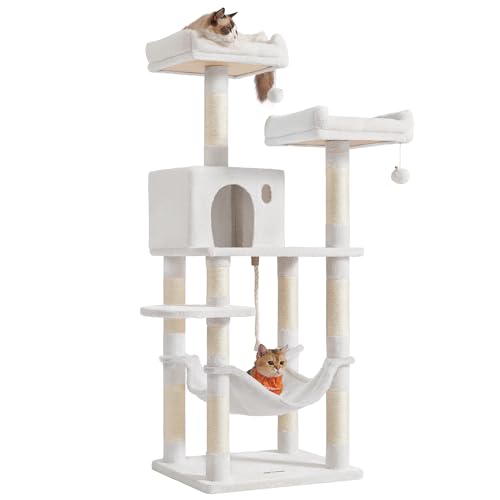 Feandrea Arbre à Chat Hauteur 143 cm, Tour de Jeux pour Chat, avec 11 Poteaux à Griffer, 2 Plateformes, 1 Niche, 1 Hamac, 2 Pompons, en Tissu Peluche, Plusieurs Niveaux, Blanc Crème PCT015W02